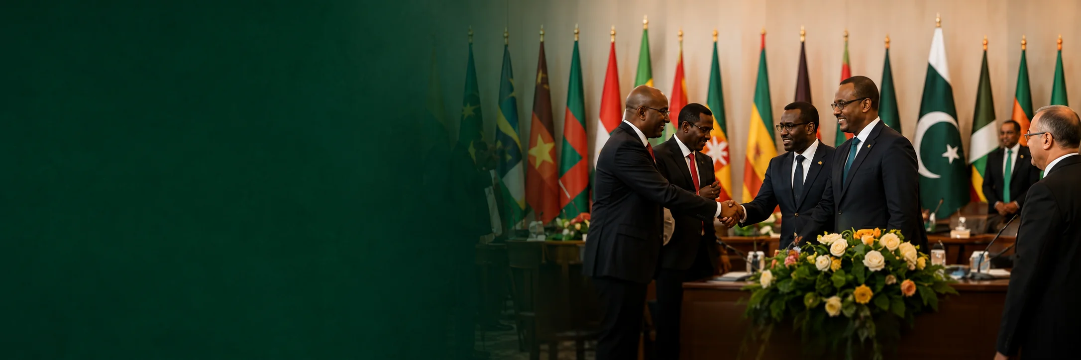 Pakistan and African leaders meeting beneath national flags