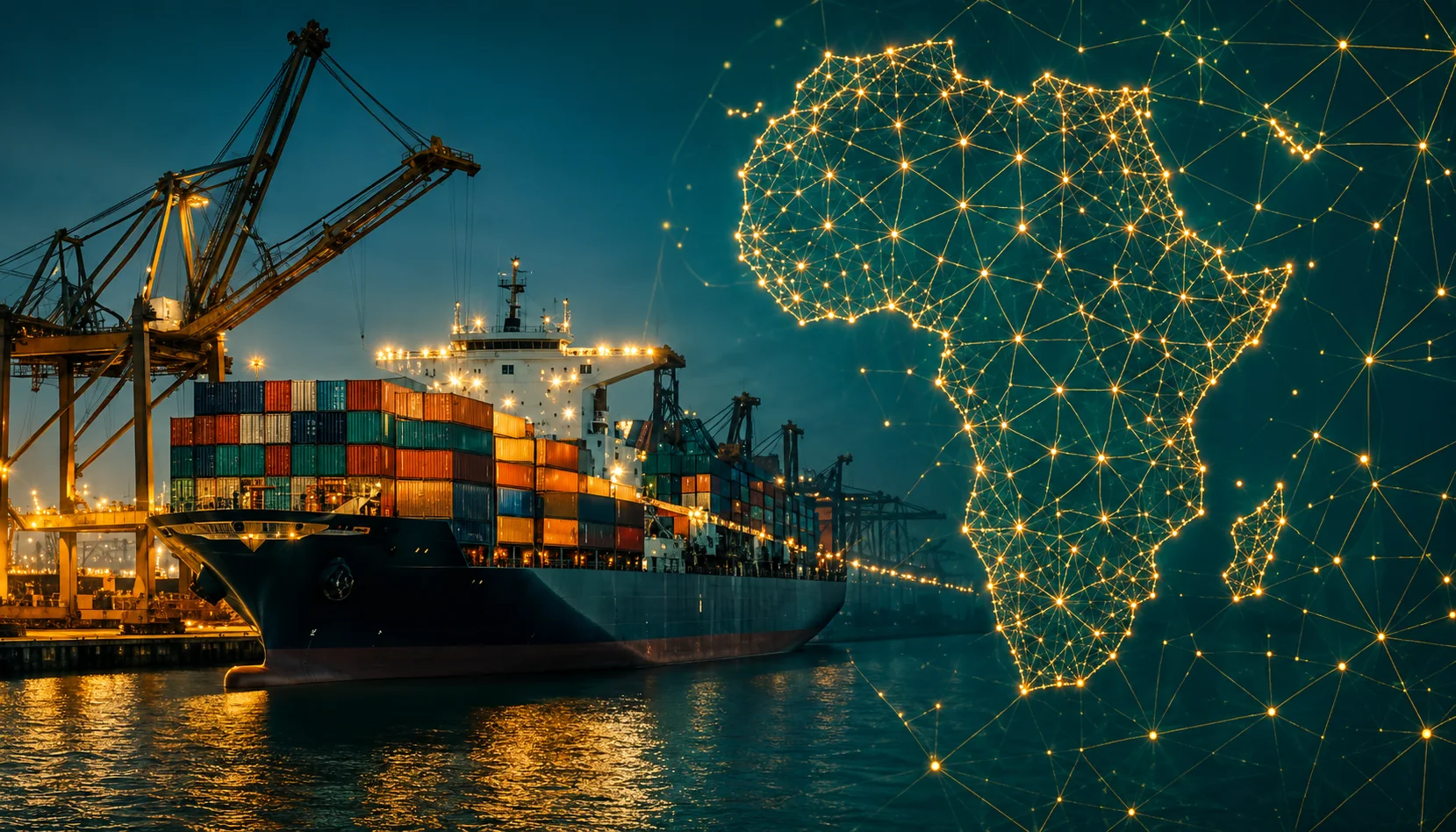 Container port connected to a digital map of Africa