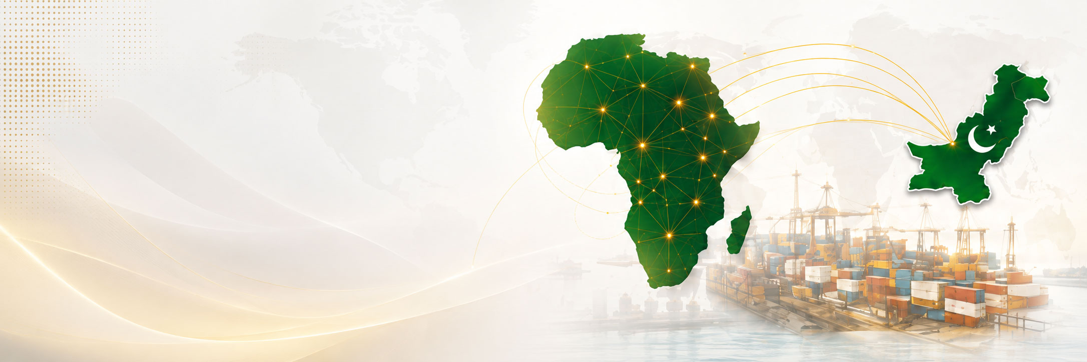 Connected maps of Africa and Pakistan above an international shipping port