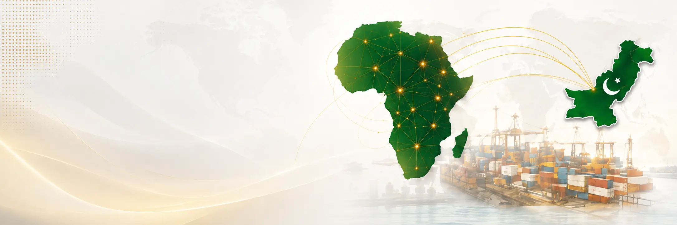 Map of Africa connected with Pakistan above an international shipping port