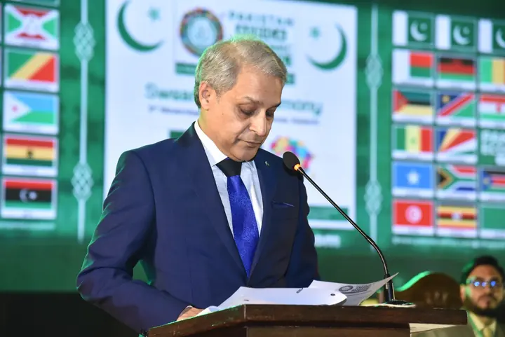 Ceremonial address before the PAEC and Pakistan-Africa backdrop.
